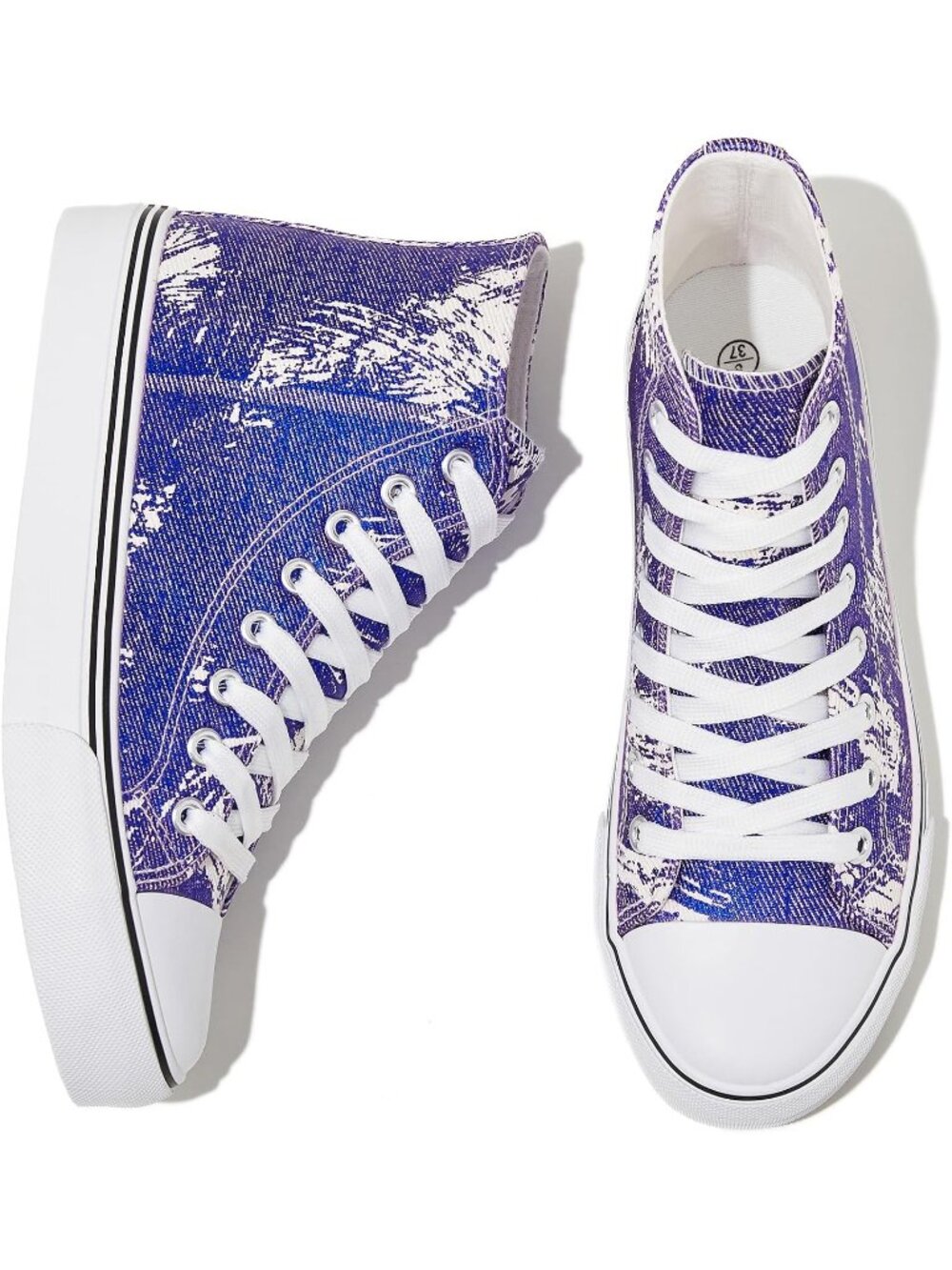 Women's Blue Purple High Top Canva Embroidered Breathable Lace Up Casual Sneaker